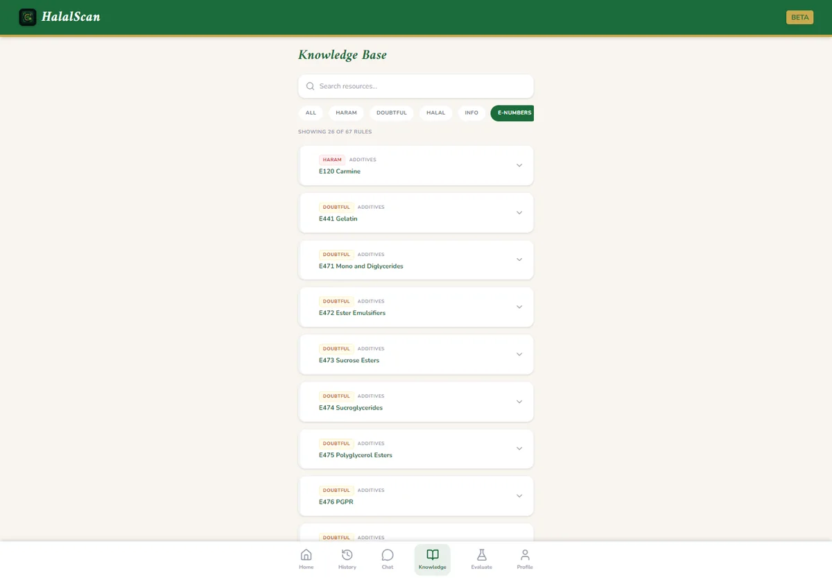 HalalScan knowledge interface with demo content